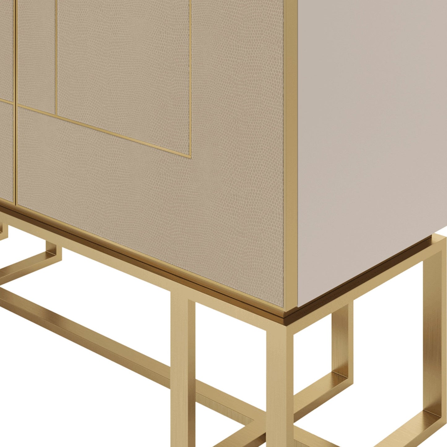 Close up of Inlaid leather cabinet doors with geometric brass details