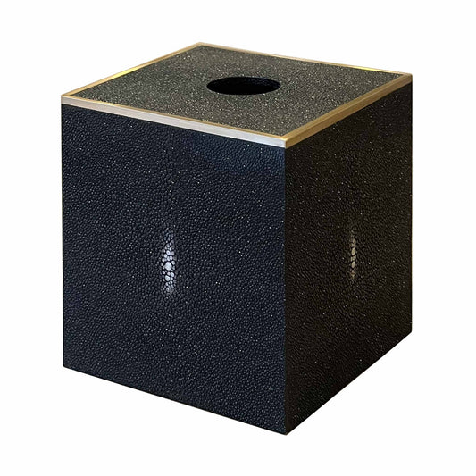 Black square luxury shagreen tissue box with brass trim