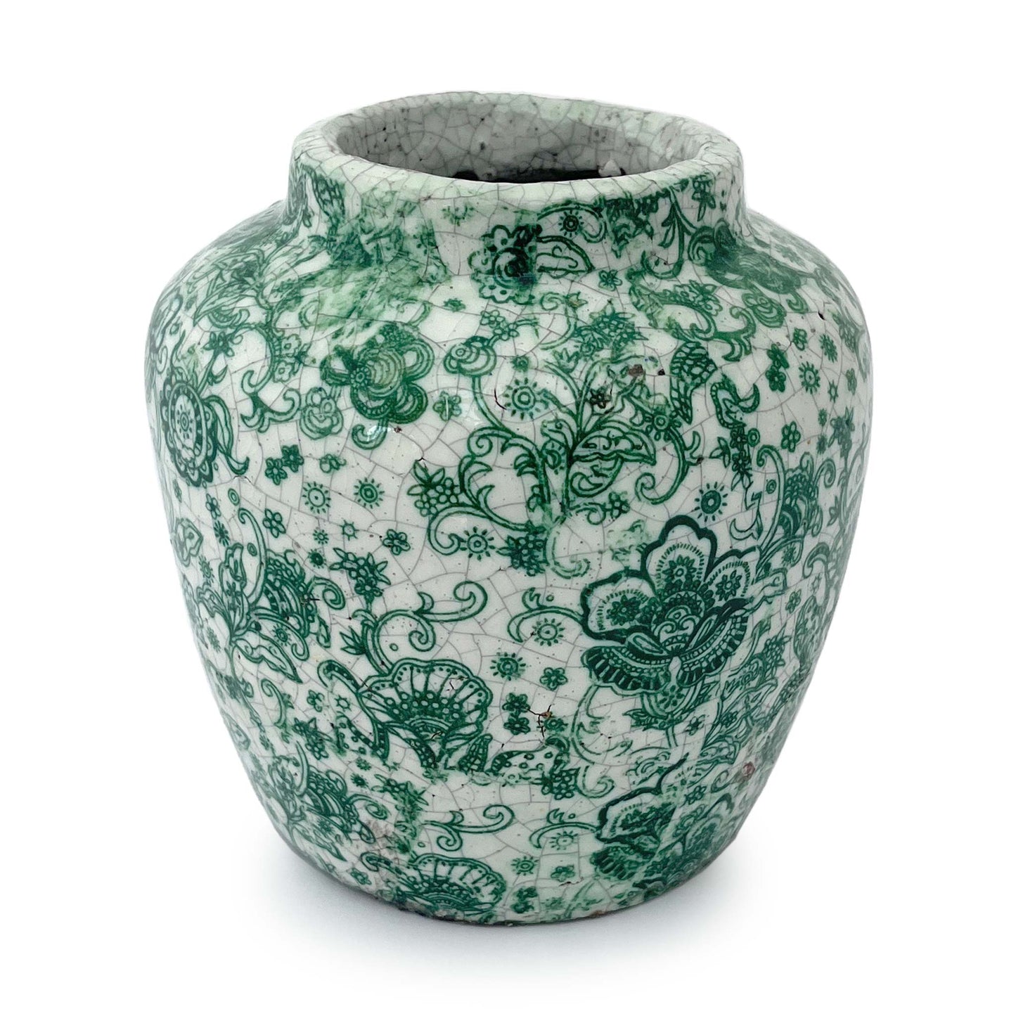 Crackle glazed small planter in white and green.