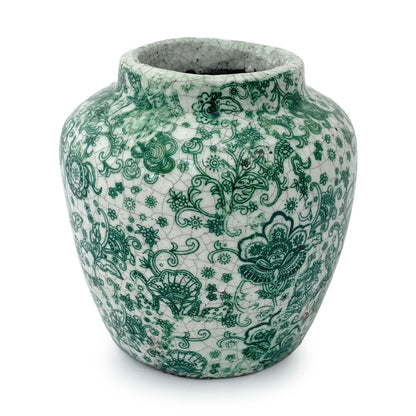Crackle glazed small planter in white and green.