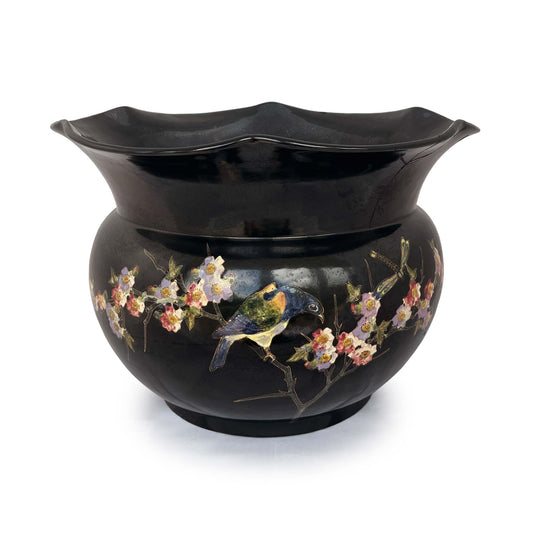 large black jardiniere with bird and floral hand painted stem