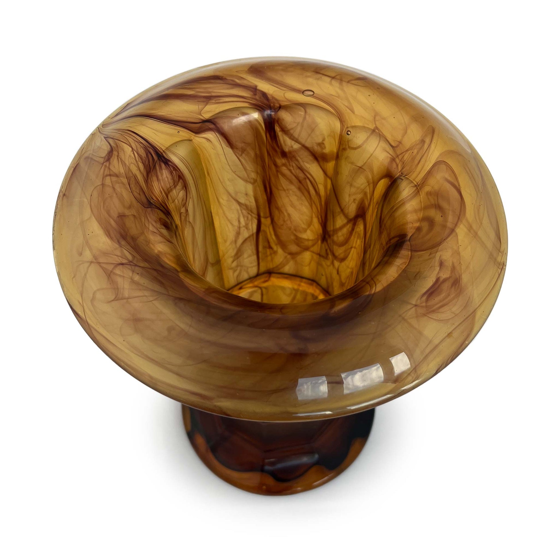 Large Davidson art deco amber cloud glass vase seen from above with polished interior.