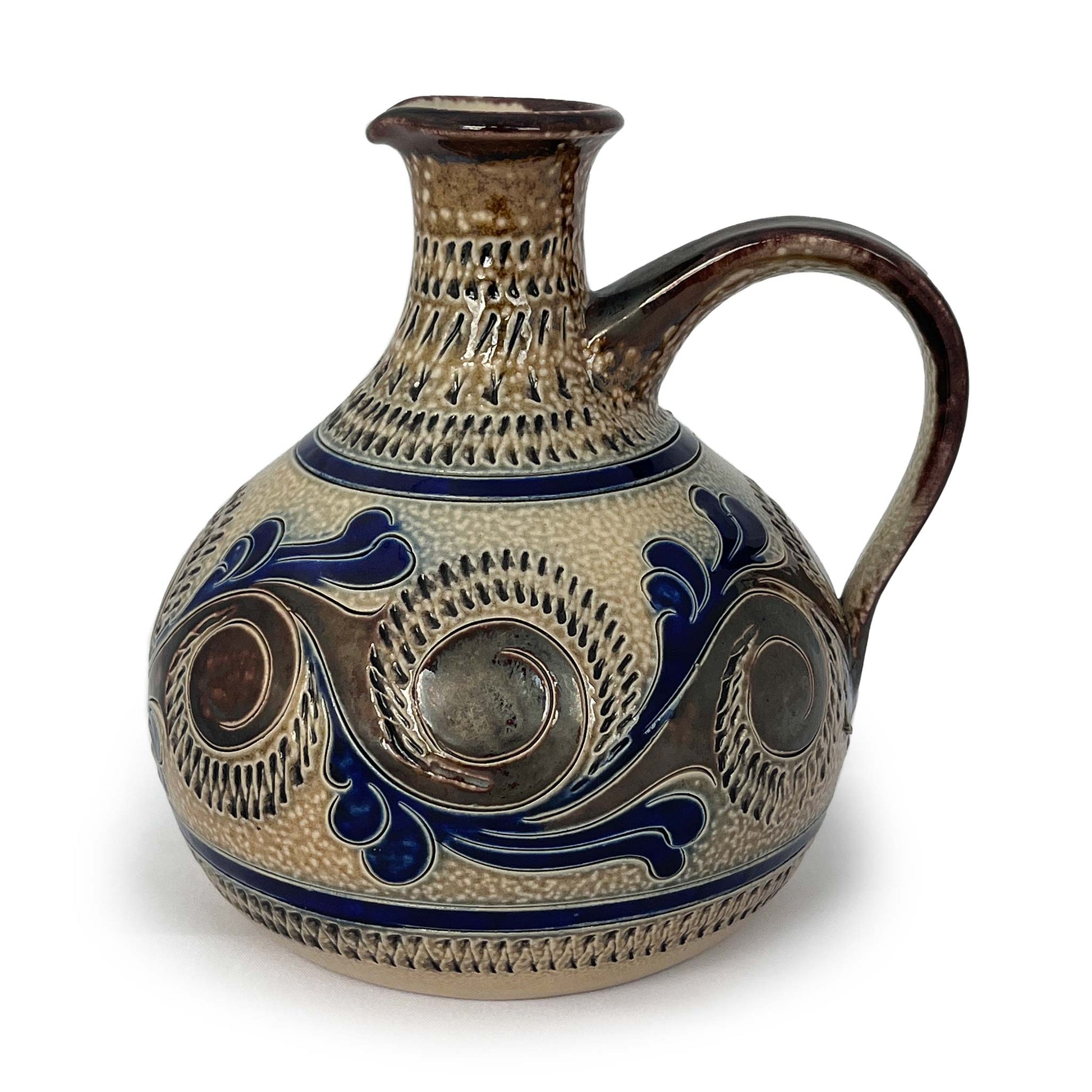 Small Westerwald stoneware jug with decoration and engraved details in blue and brown.