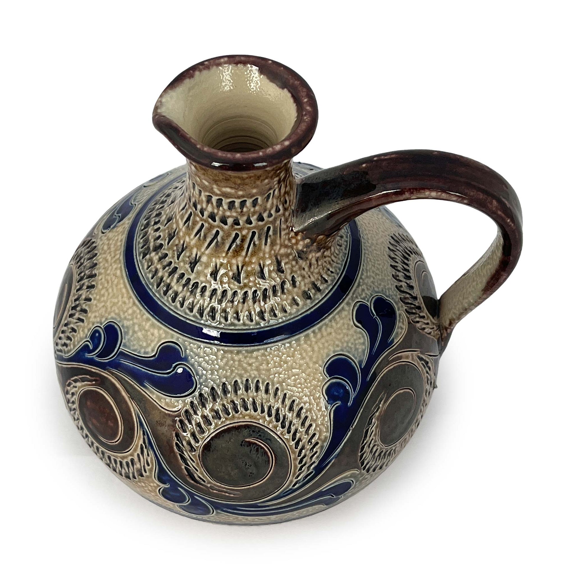 Small Westerwald stoneware jug with decoration and engraved details in blue and brown.