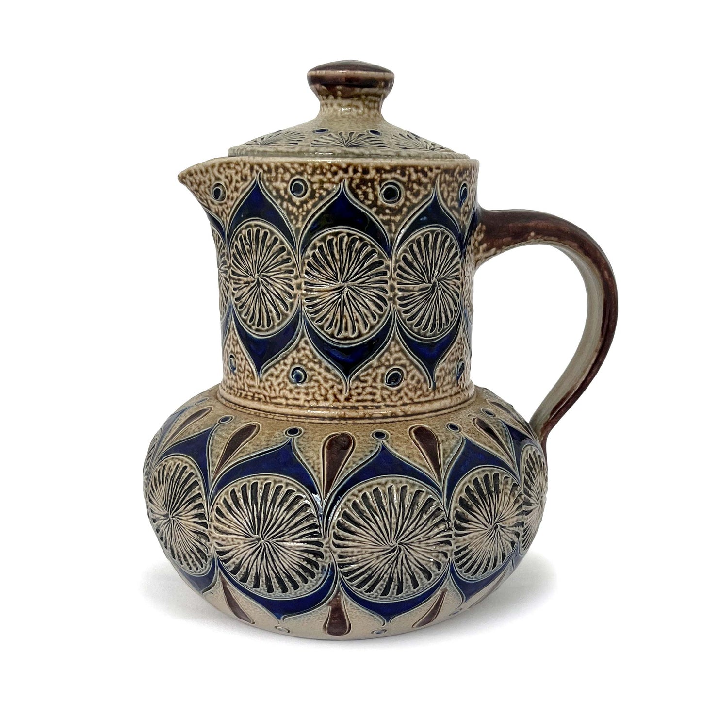 Small coffee pot with decoration and engraved details in blue and brown. Shows lid, spout and handle.