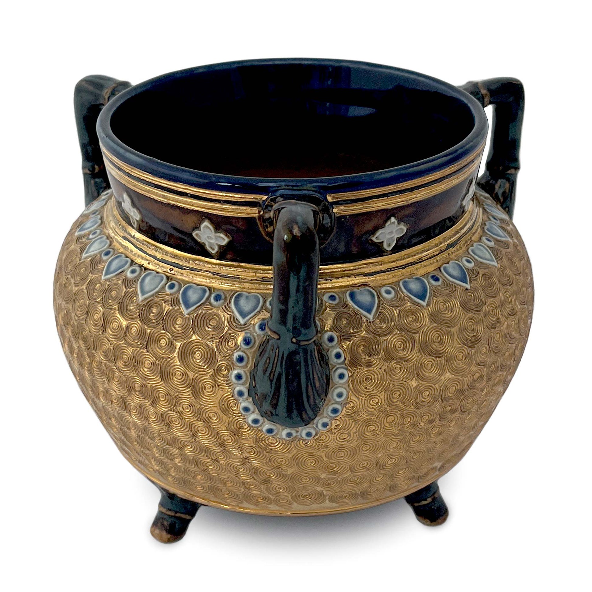 Doulton gilt decorative jardiniere with blue, brown and gold and three bamboo style handles