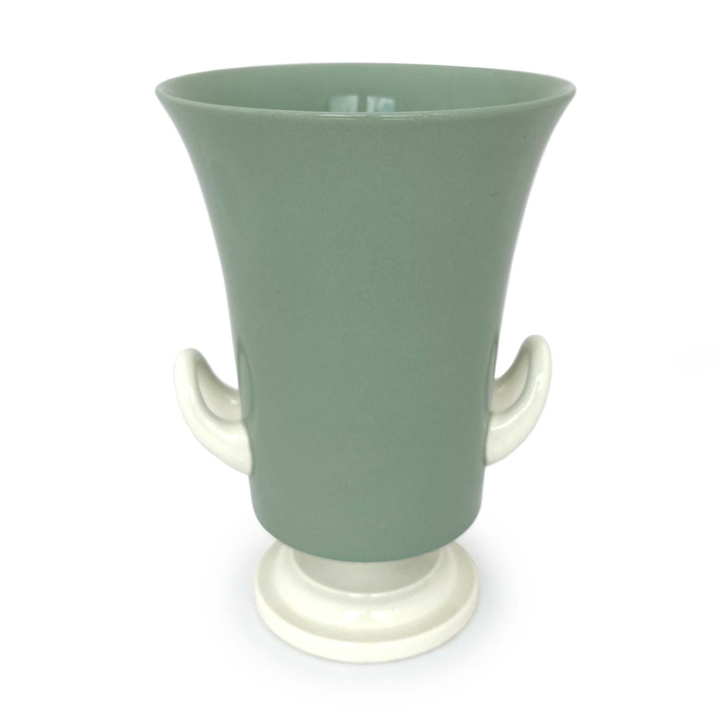 Vintage Wedgwood Keith Murray celadon green urn with white base and handles