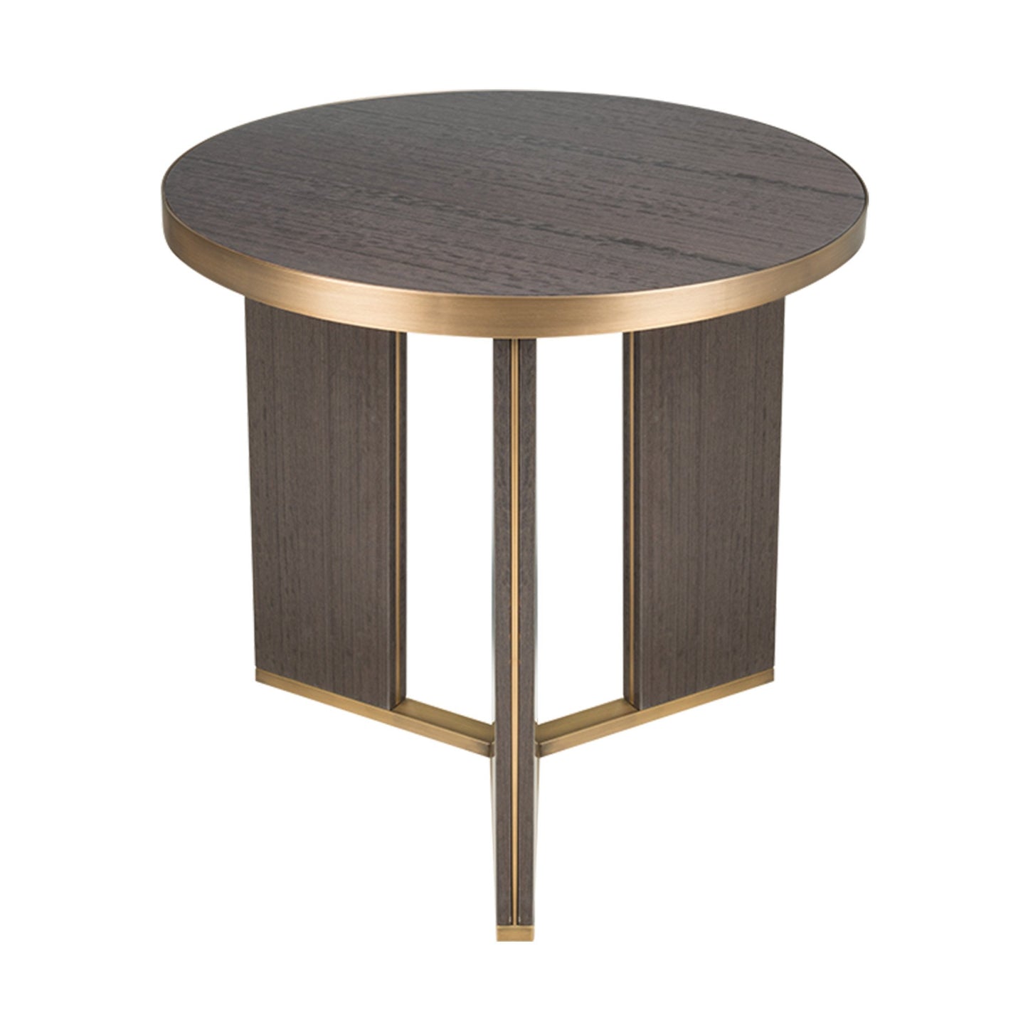 luxury small round three legged accent table with brass detail