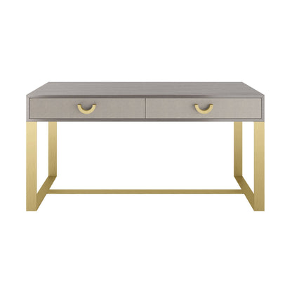 Luxury rectangular home office desk with a high gloss wood veneer, a brushed brass structure and handles, and two drawers with  front leather inlays