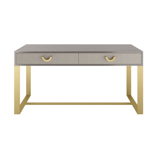 Luxury rectangular home office desk with a high gloss wood veneer, a brushed brass structure and handles, and two drawers with  front leather inlays