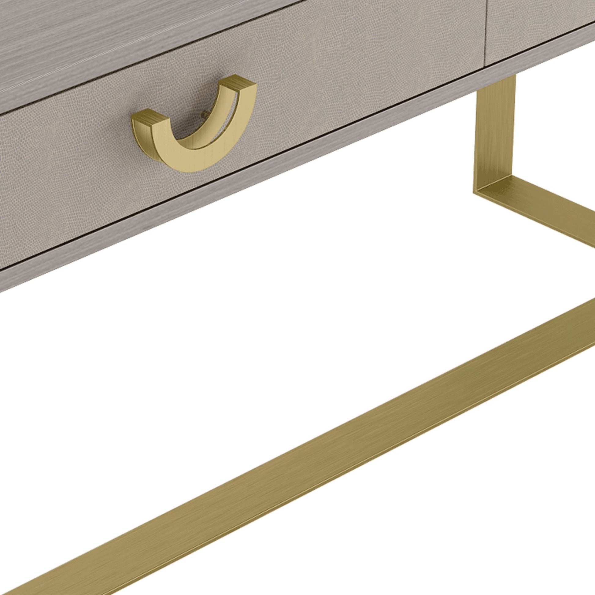 close up of the home office desk drawers with front leather inlay and brushed brass handles