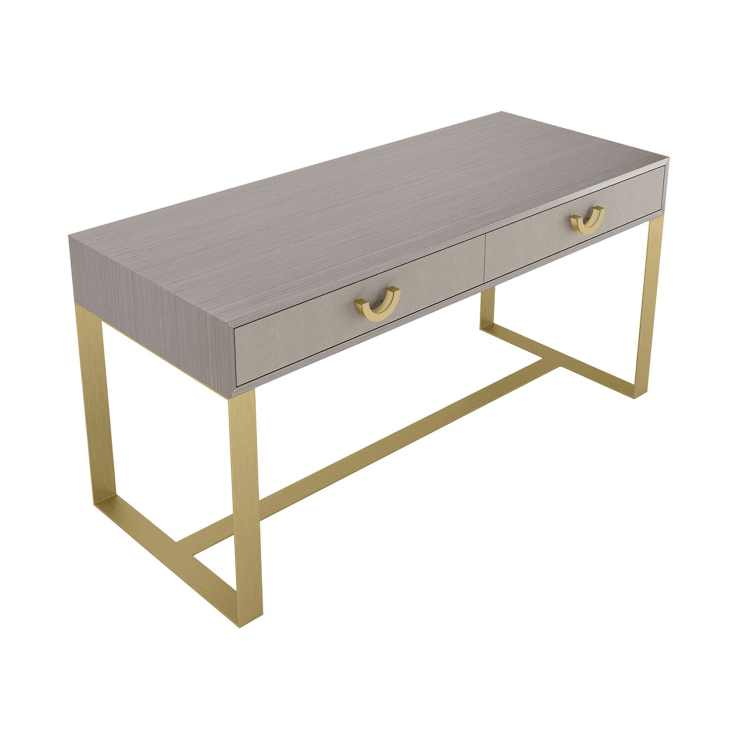 Luxury rectangular home office desk with a high gloss wood veneer, a brushed brass structure and handles, and two drawers with front leather inlays