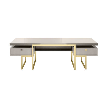 Luxury desk with a high gloss lacquered floating wood top, a brushed brass structures and handles, and a front inlay leather box and two drawers