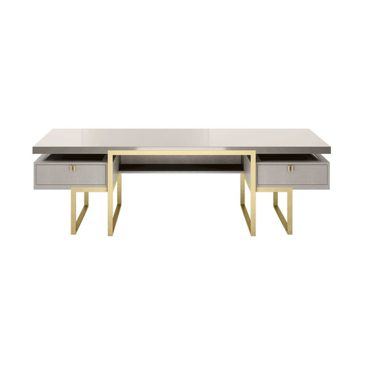 Luxury desk with a high gloss lacquered floating wood top, a brushed brass structures and handles, and a front inlay leather box and two drawers