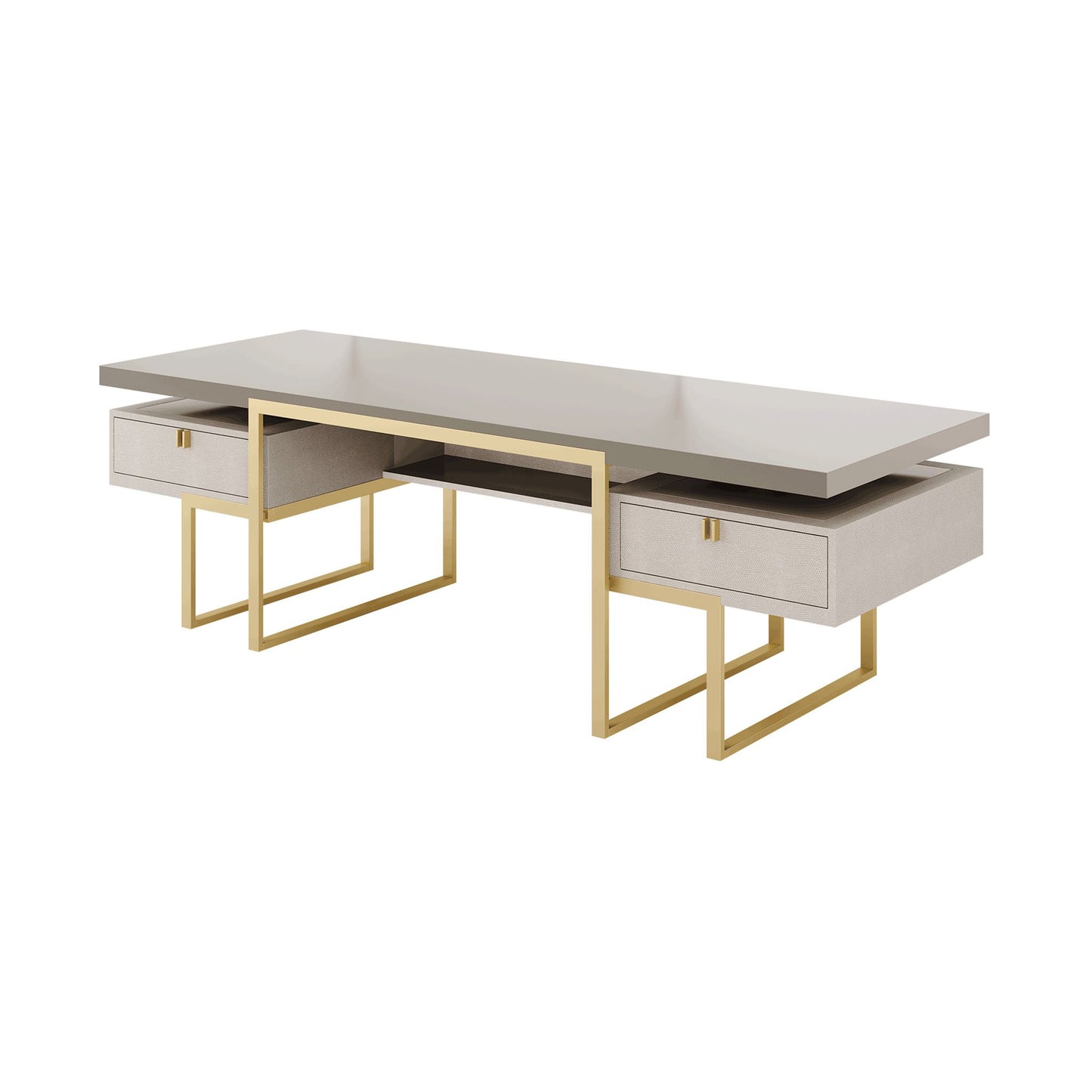 Luxury desk with a high gloss lacquered floating wood top, a brushed brass structures and handles, and a front inlay leather box and two drawers