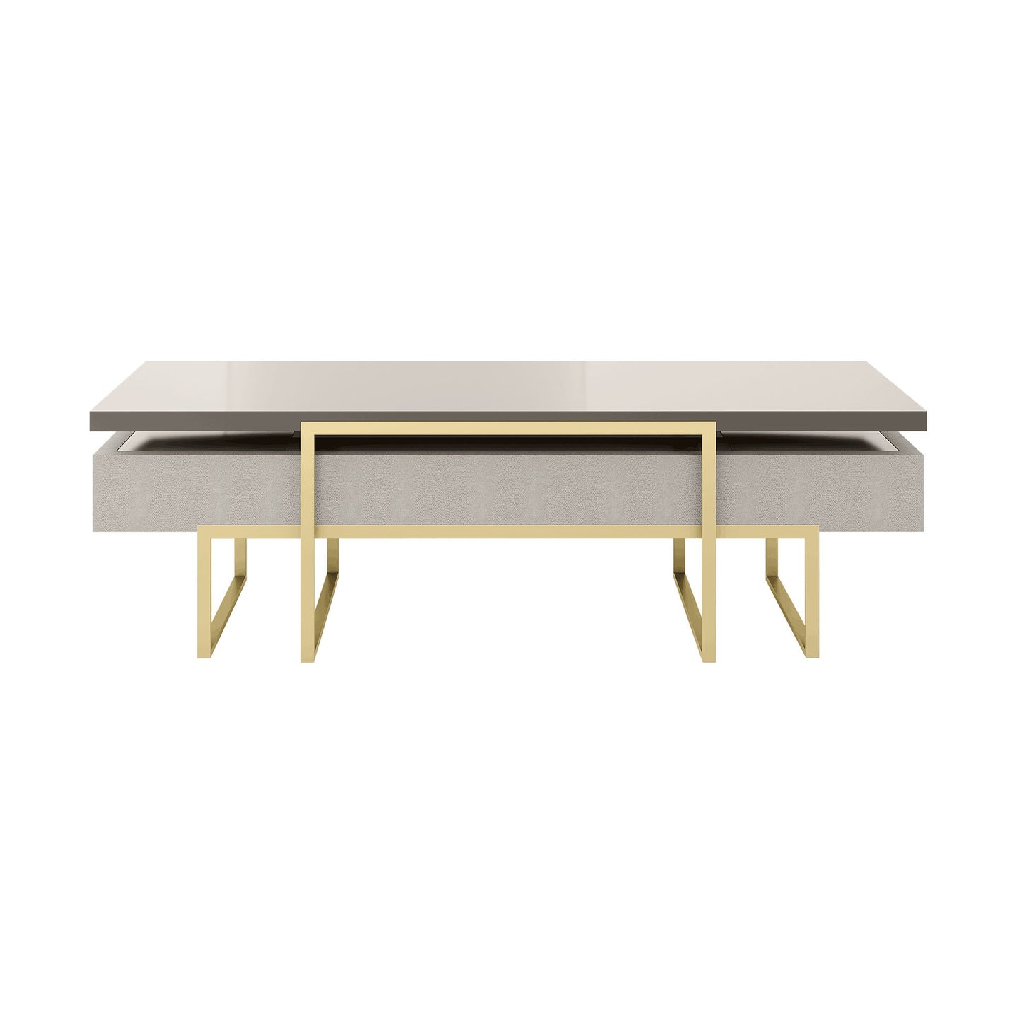 back view of the desk showing the high gloss floating wood top, brushed brass structure, and leather inlay