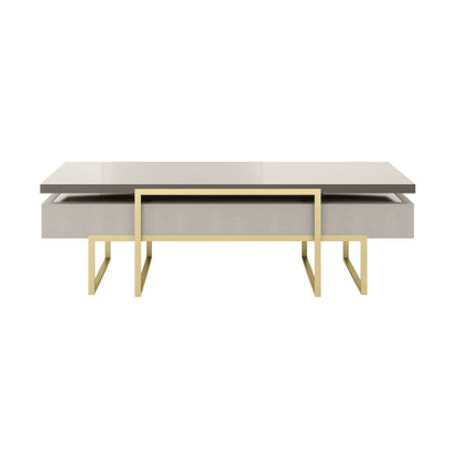 back view of the desk showing the high gloss floating wood top, brushed brass structure, and leather inlay