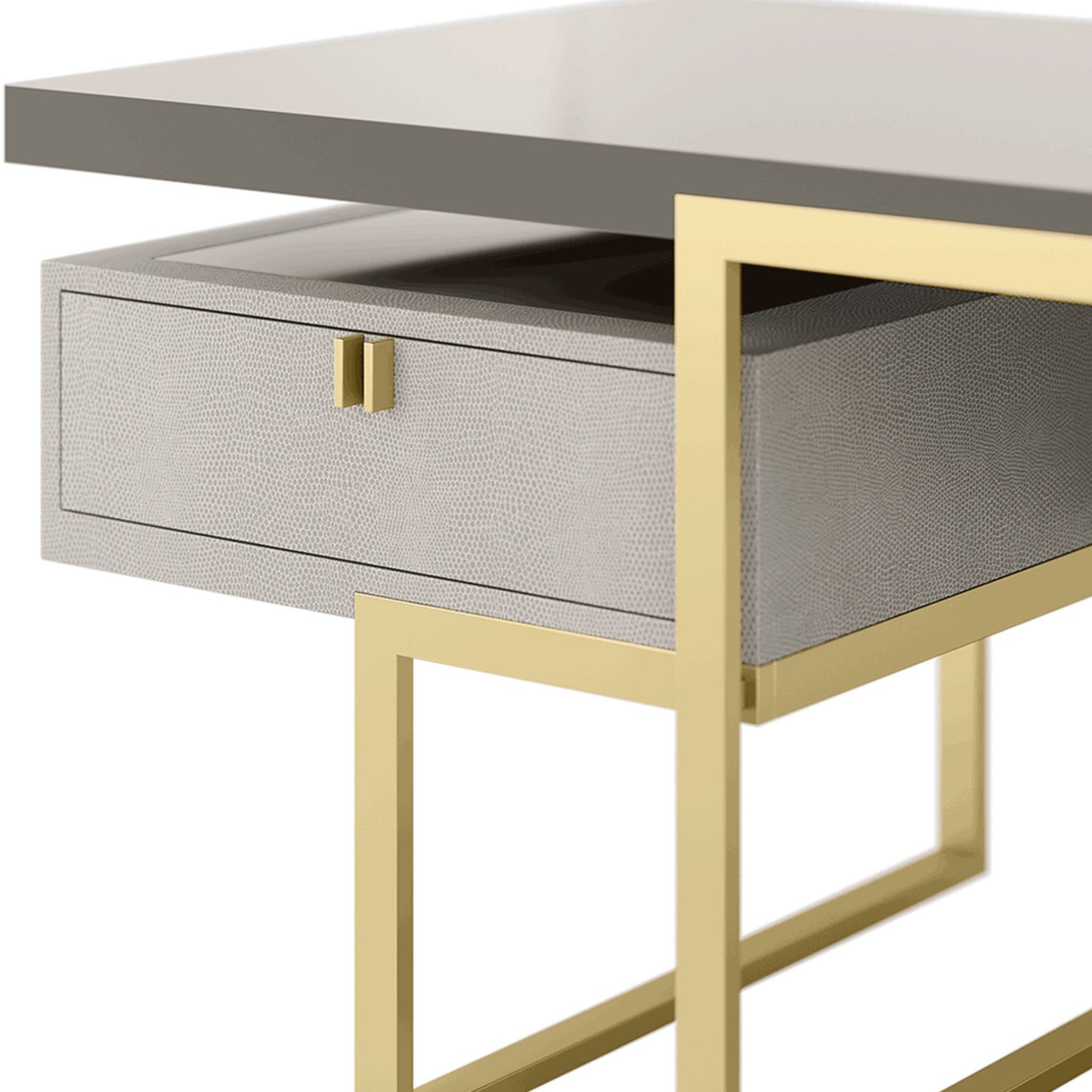 close up of the desk showing the leather drawer and brushed brass handle