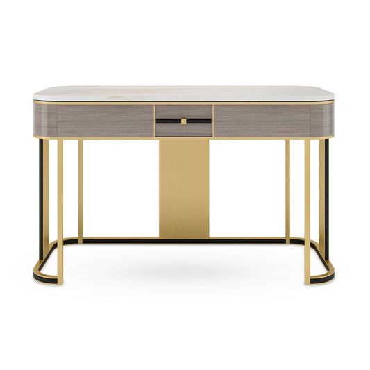 Modern curved high gloss wood veneer desk with a stone top, front drawer, brushed brass structure, and black detailing.