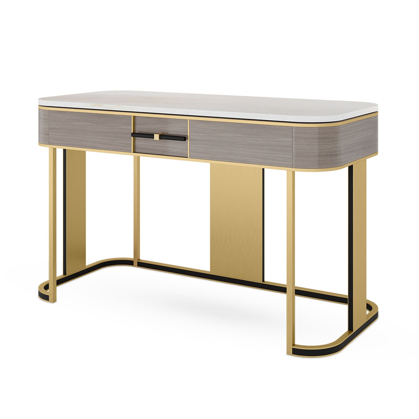 side angle view of the modern curved high gloss wood veneer desk with a stone top, front drawer, brushed brass structure, and black detailing.