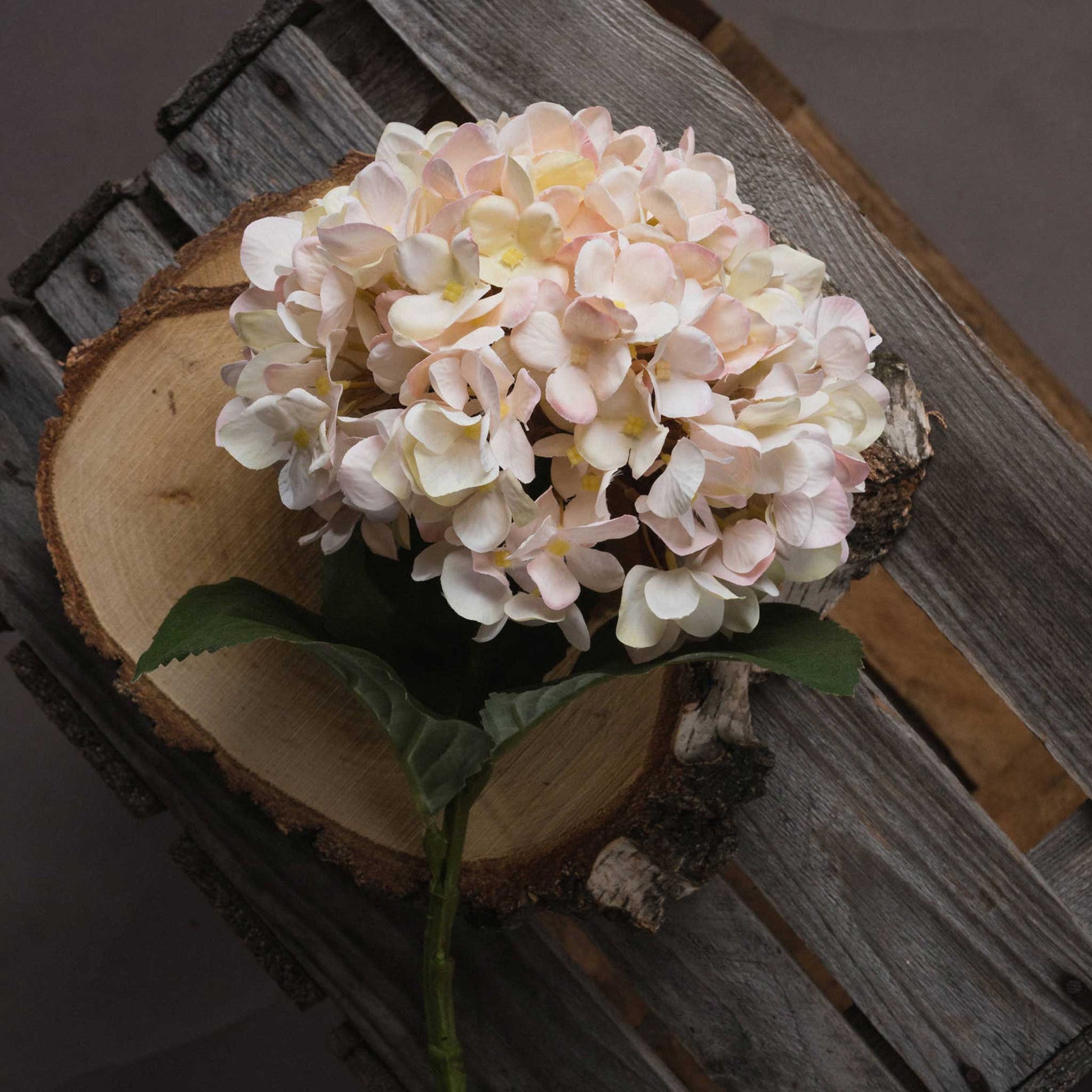 Lifestyle image of creamy ivory and peach toned white faux hydrangea stem on rustic crate.