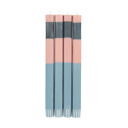 Four tall dinner candles. Striped pink, grey and blue candles