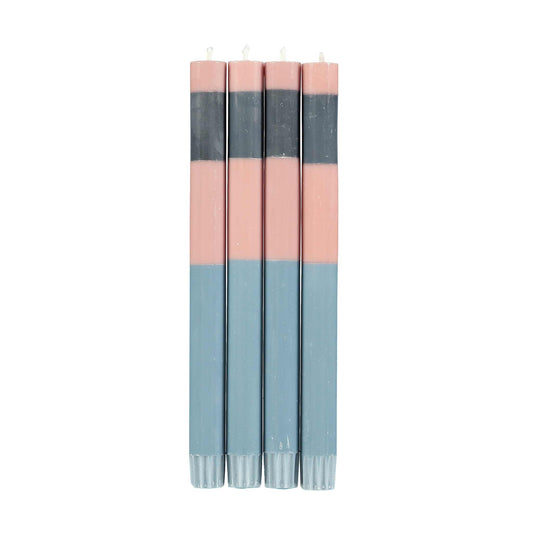 Four tall dinner candles. Striped pink, grey and blue candles