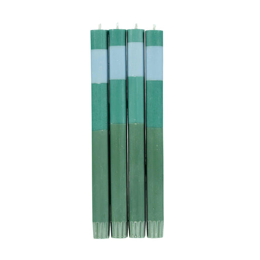 Four tall dinner candles. Striped green and blue candles