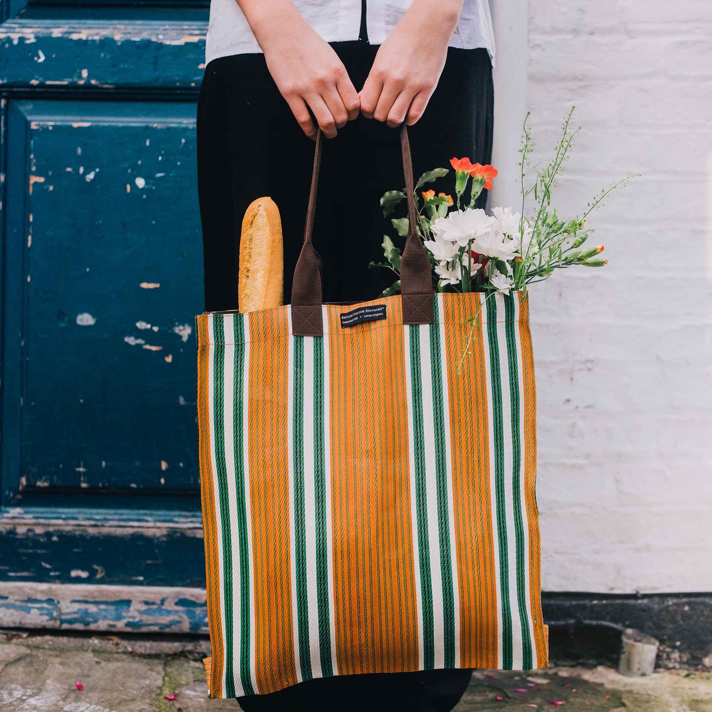 Woven Market Shopper in Marmalade Orange, Mediterranean Blue, & White