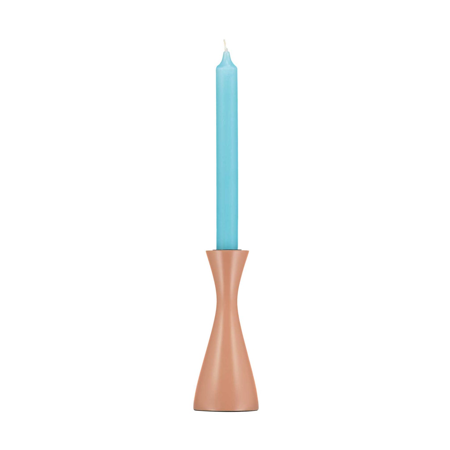 Minimal plain rose pink candleholder with a tall light blue dinner candle