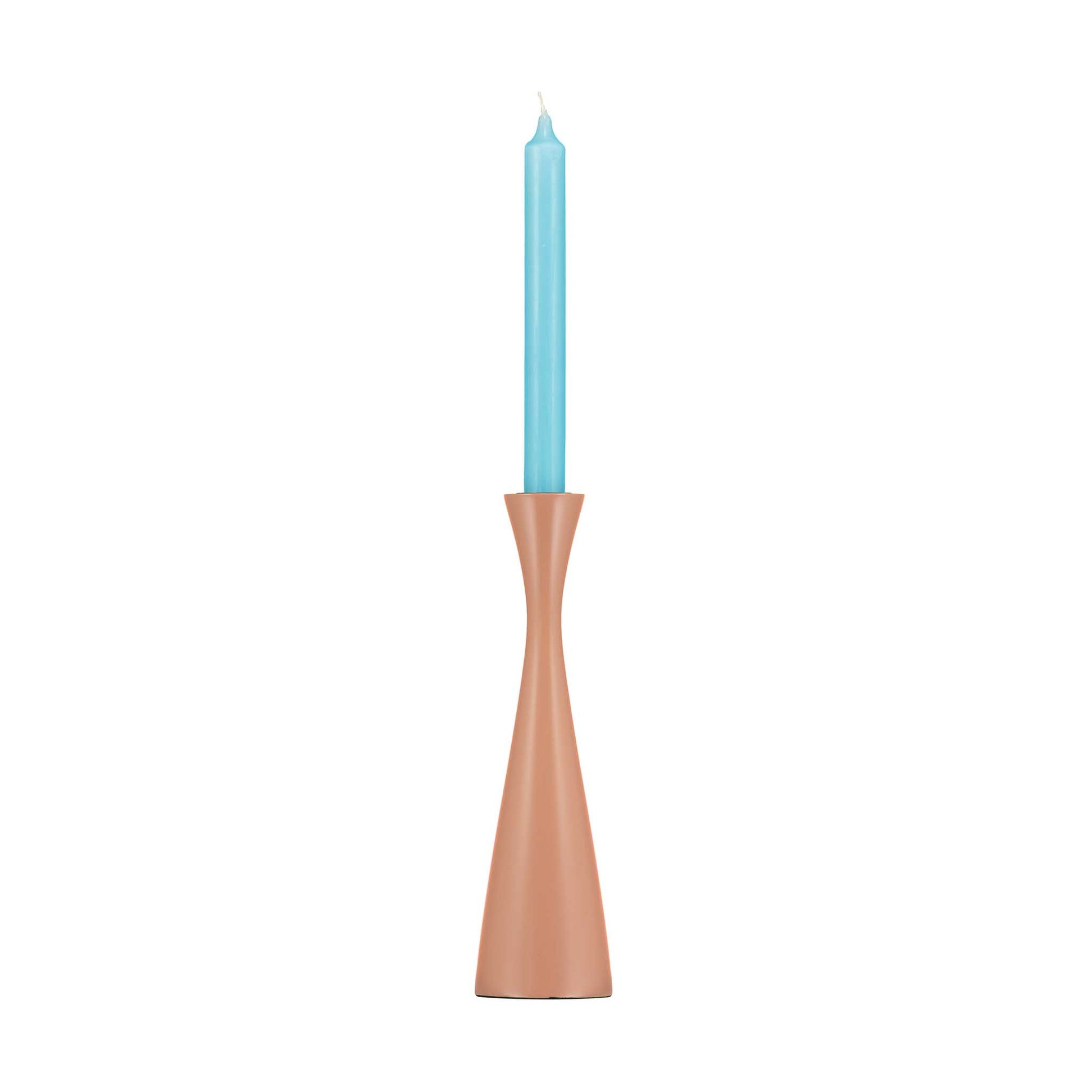 Minimal plain rose pink candleholder with a tall light blue dinner candle