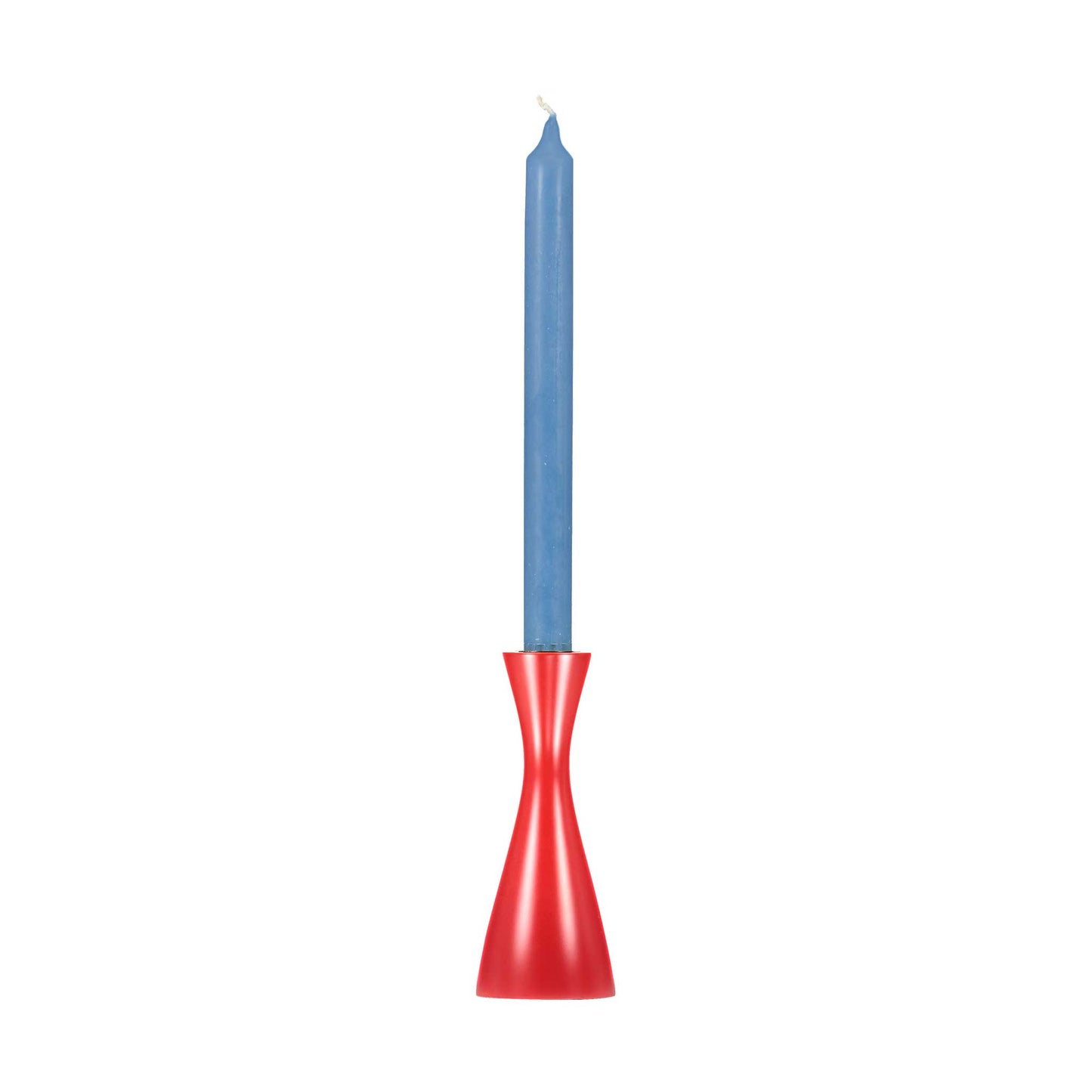 Minimal plain red candleholder with a tall  blue dinner candle