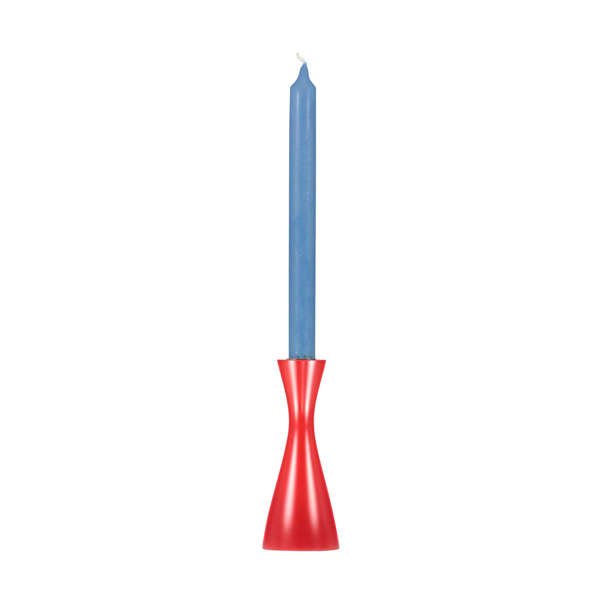 Minimal plain red candleholder with a tall  blue dinner candle