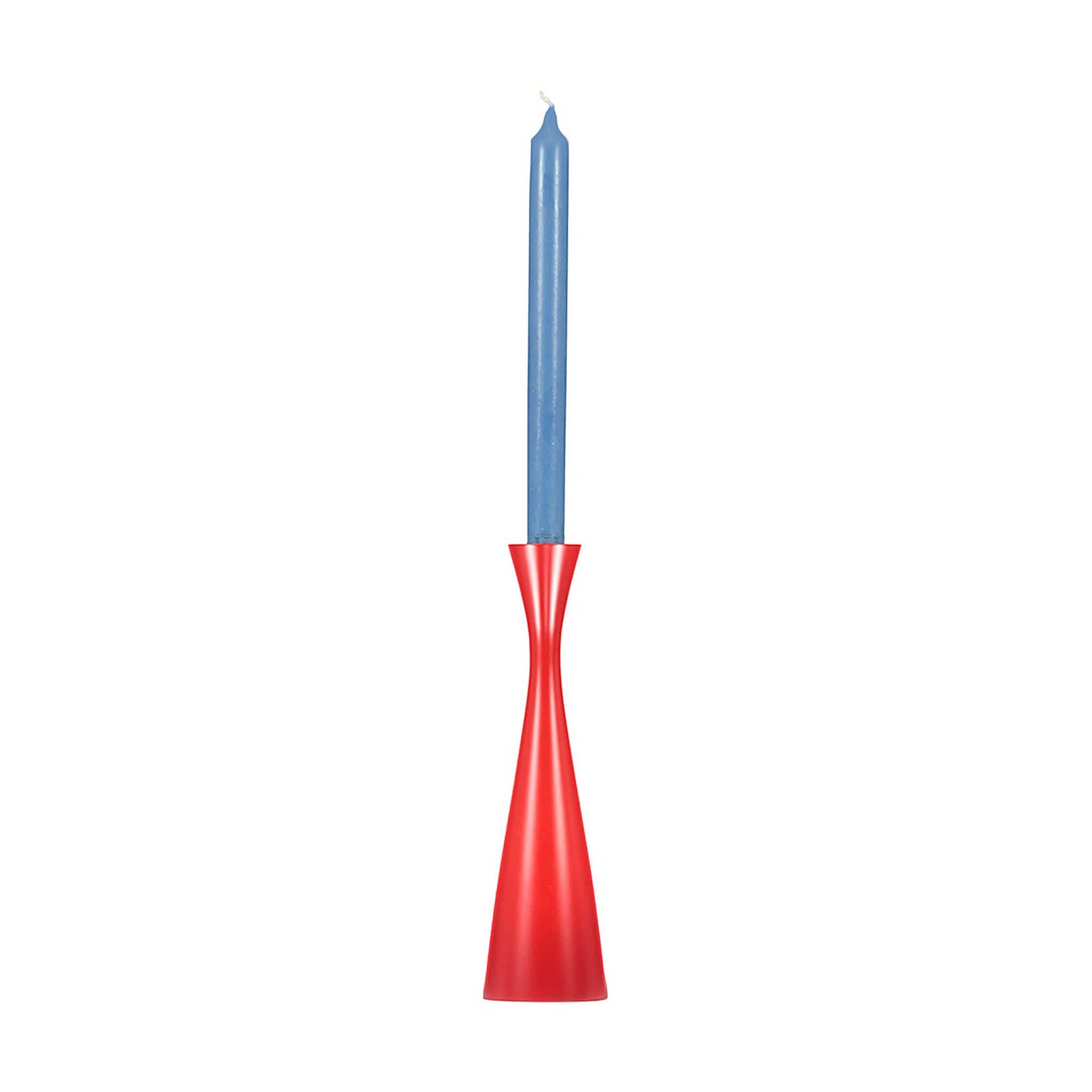 Minimal plain red candleholder with a tall  blue dinner candle