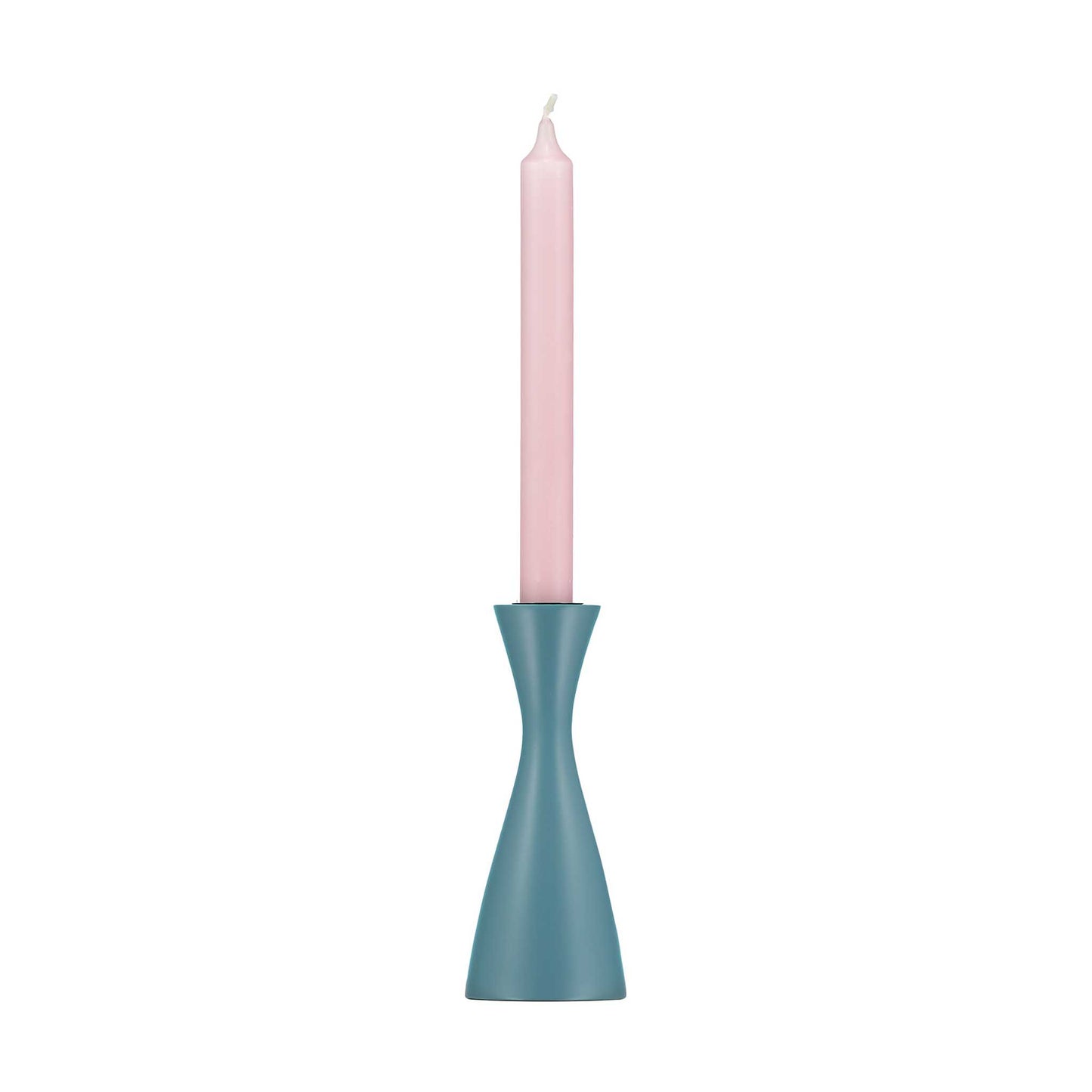 Minimal plain blue candleholder with tall pale pink dinner candle