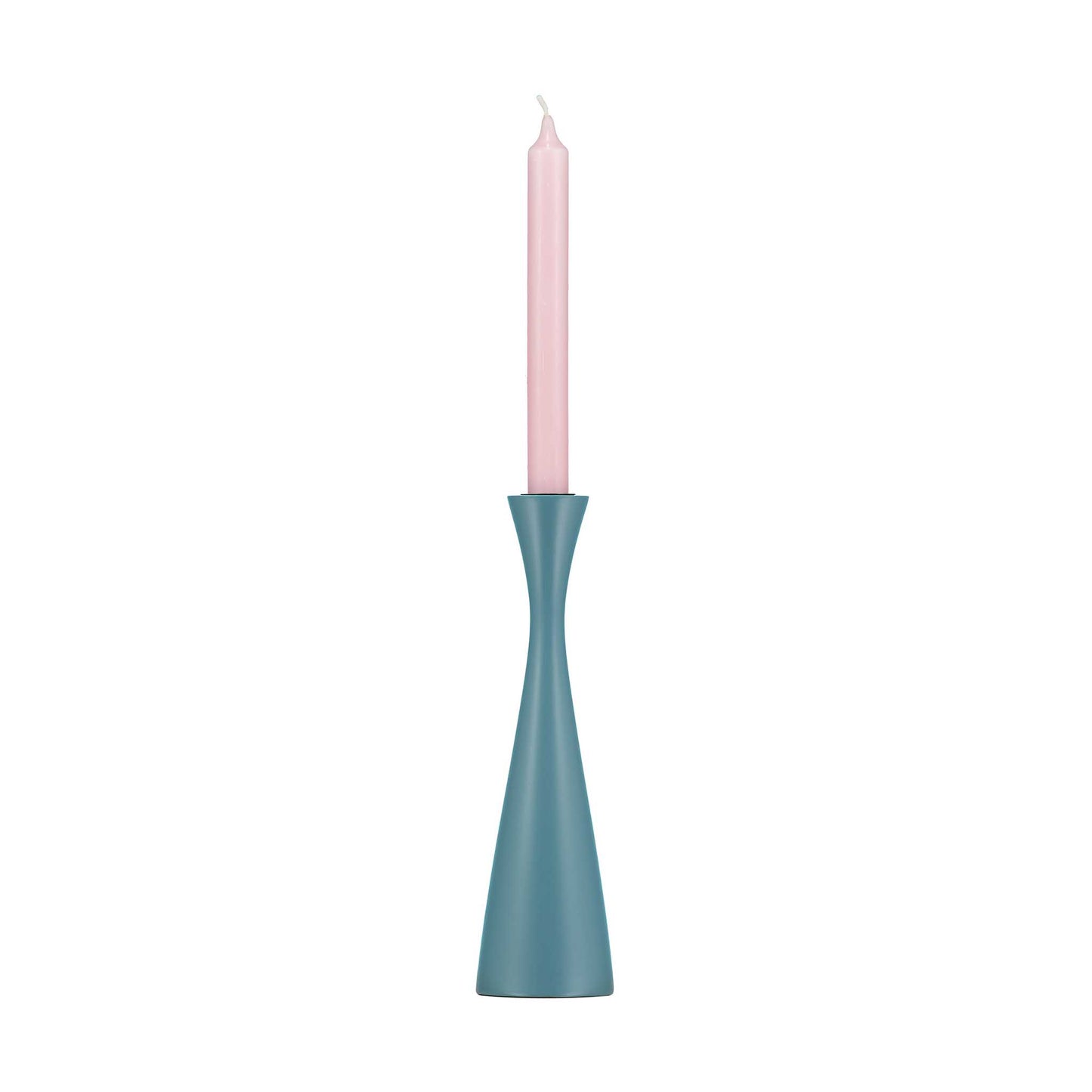 Minimal plain blue candleholder with tall pale pink dinner candle