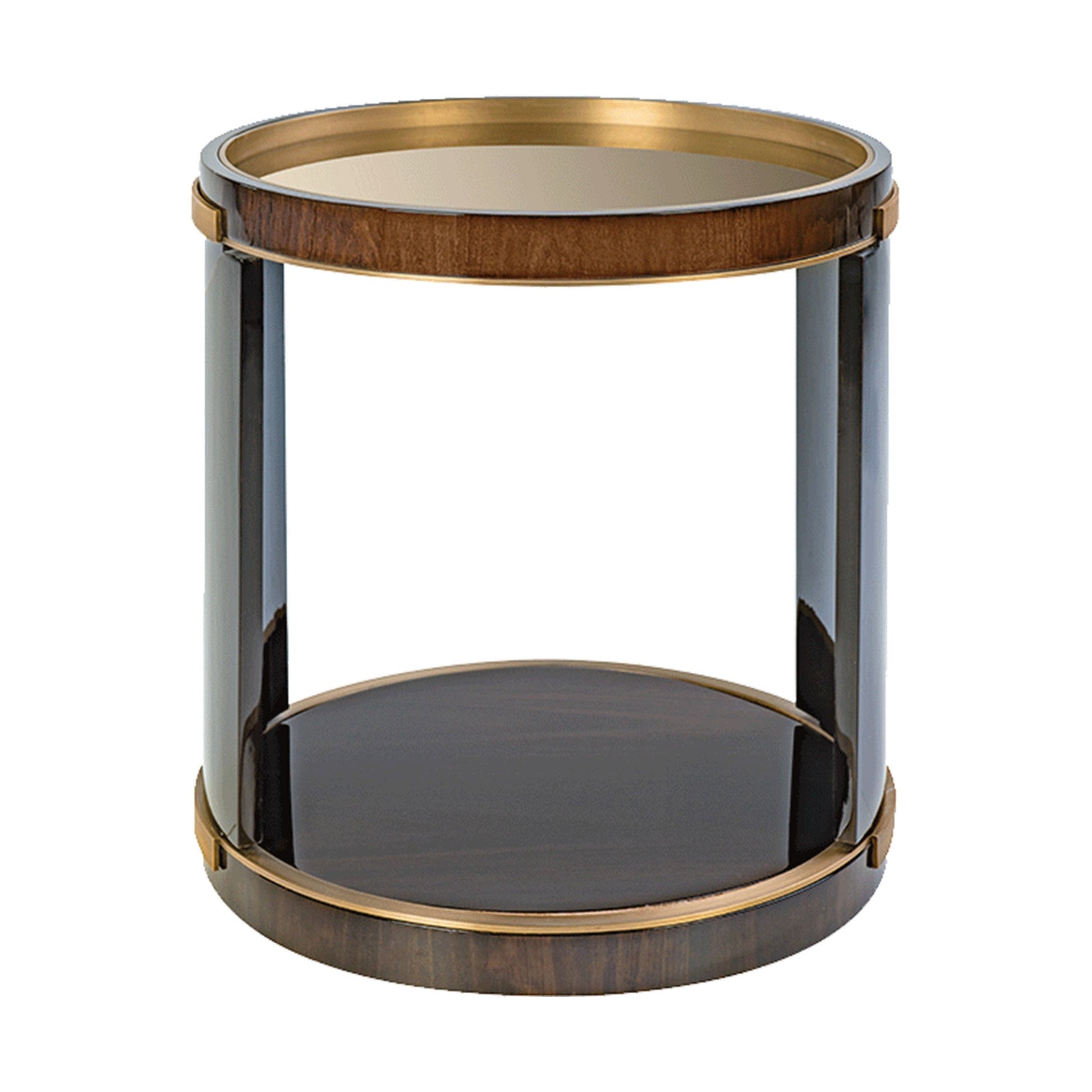 front view of the circular round table showing the dark high gloss walnut wood veneer structure and brass detailing