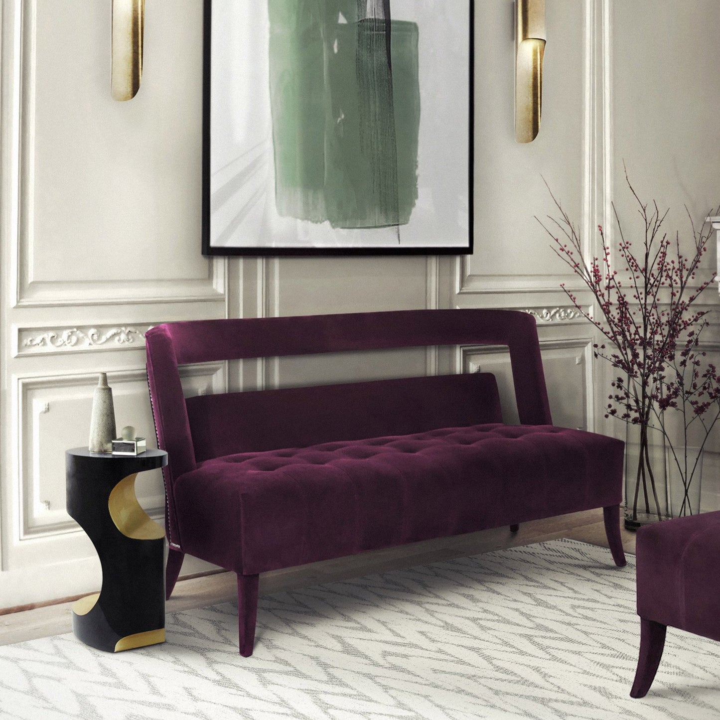 lifestyle shot of the gold and black lacquer side table in a luxury living room