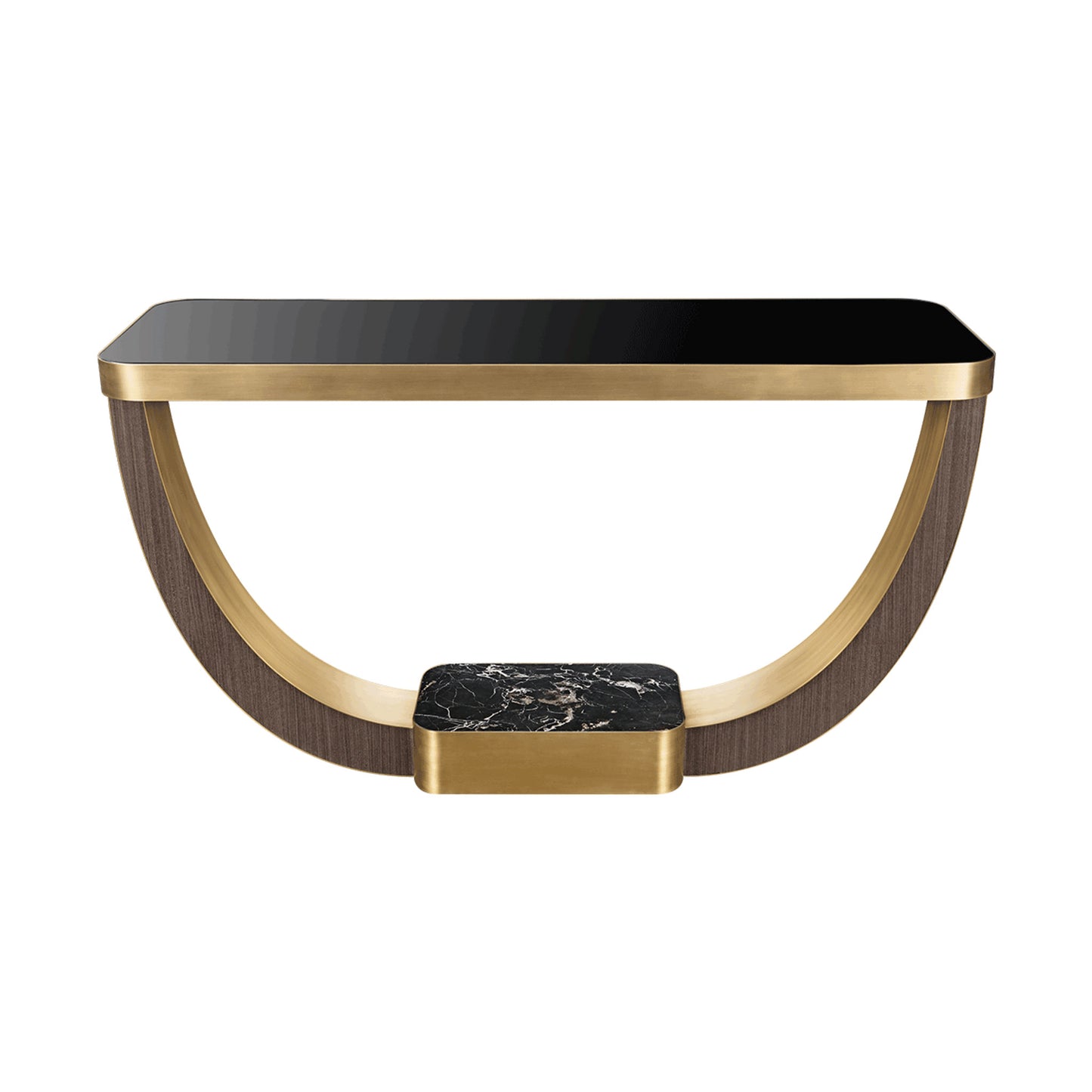 console table with an inlaid black glass top, brass accents, high gloss wooden veneer structure, and a black stone detail base