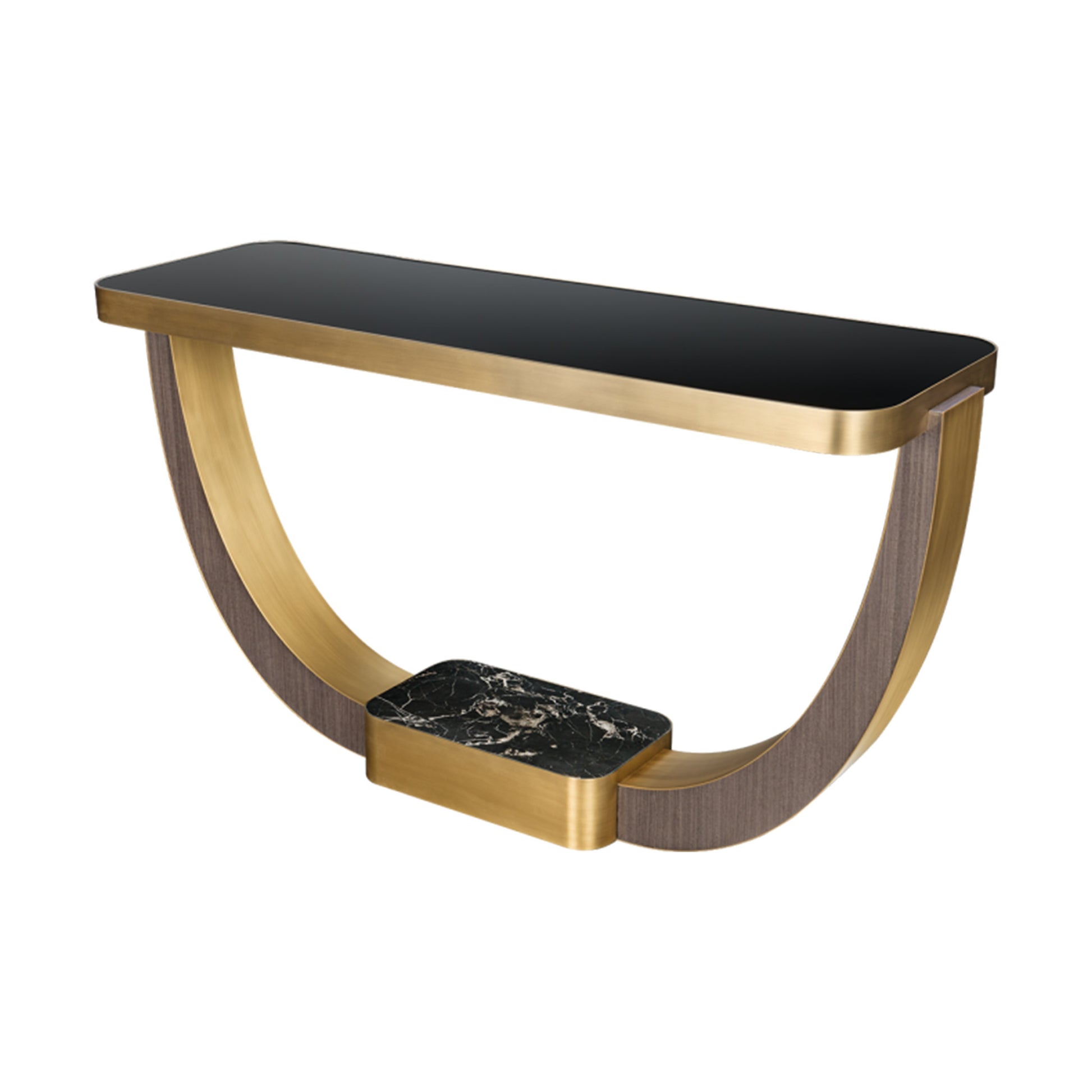 side angle of the console table showing the inlaid black glass top, brass accents, high gloss wooden veneer structure, and a black stone detail base