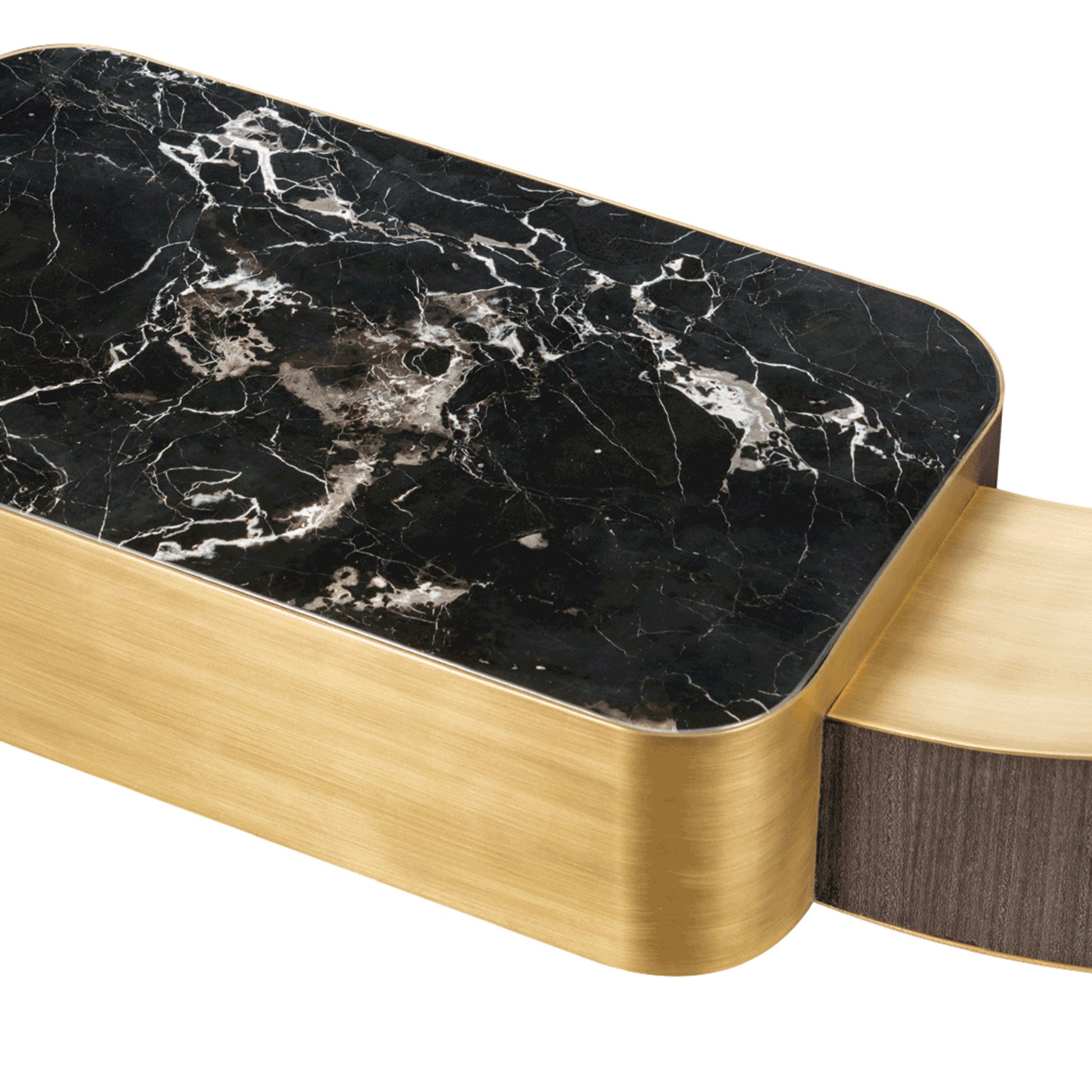 close up image of the black stone detail base with brass accents and high gloss wood structure