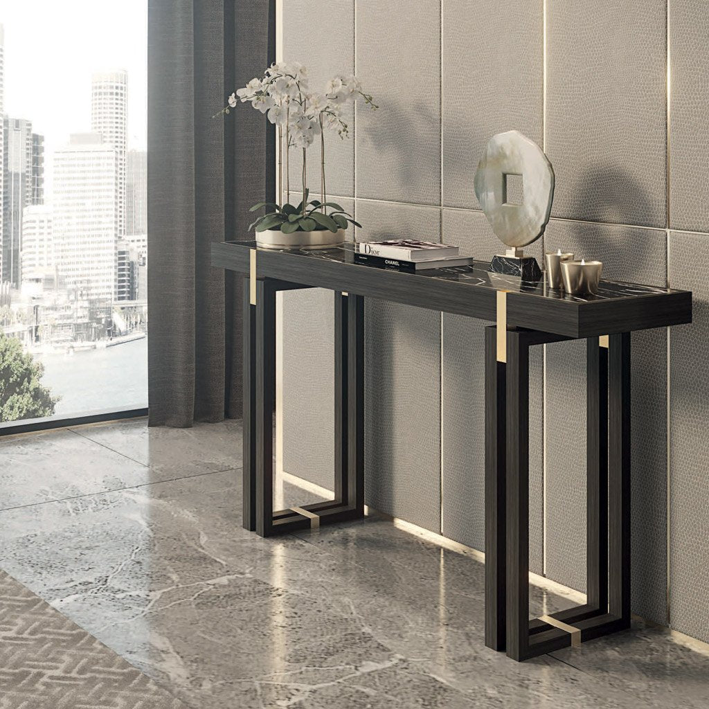 Sophisticated bronze mirrored console table luxurious home