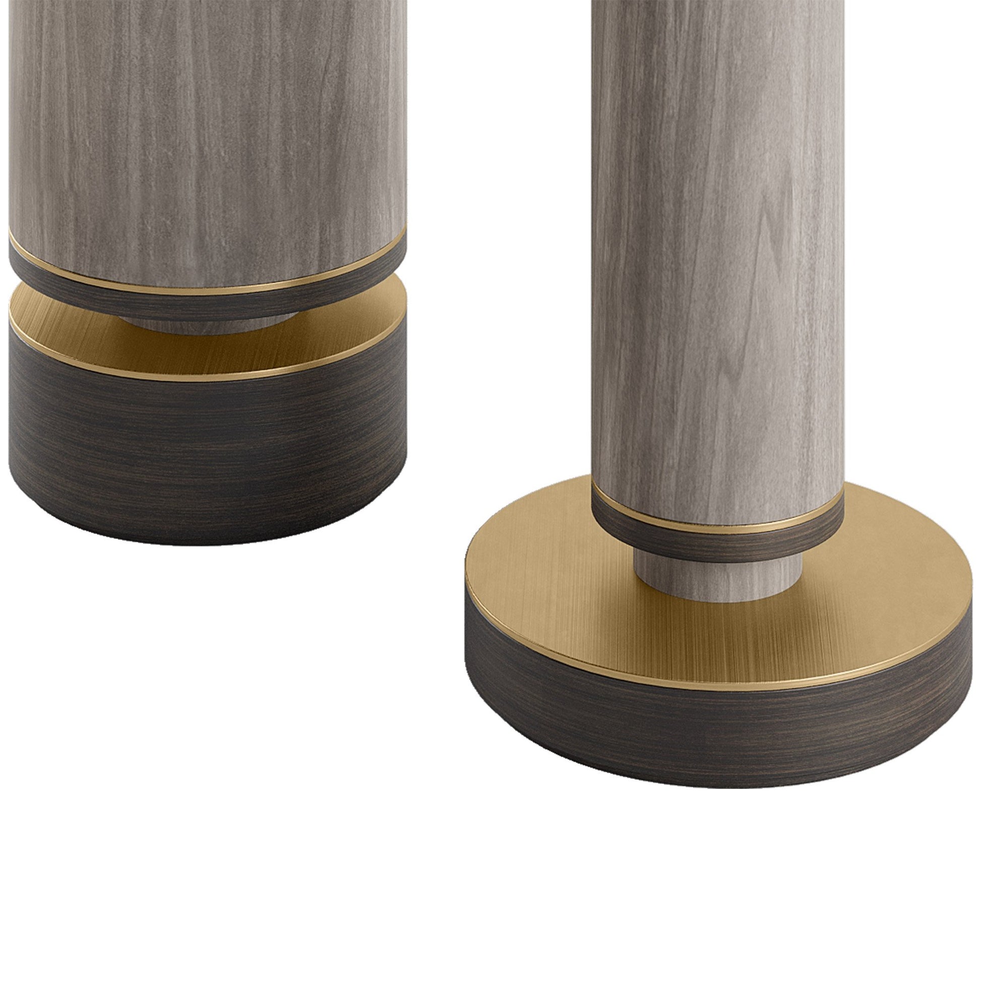 close up of the table legs showing the brushed brass with wood detailing