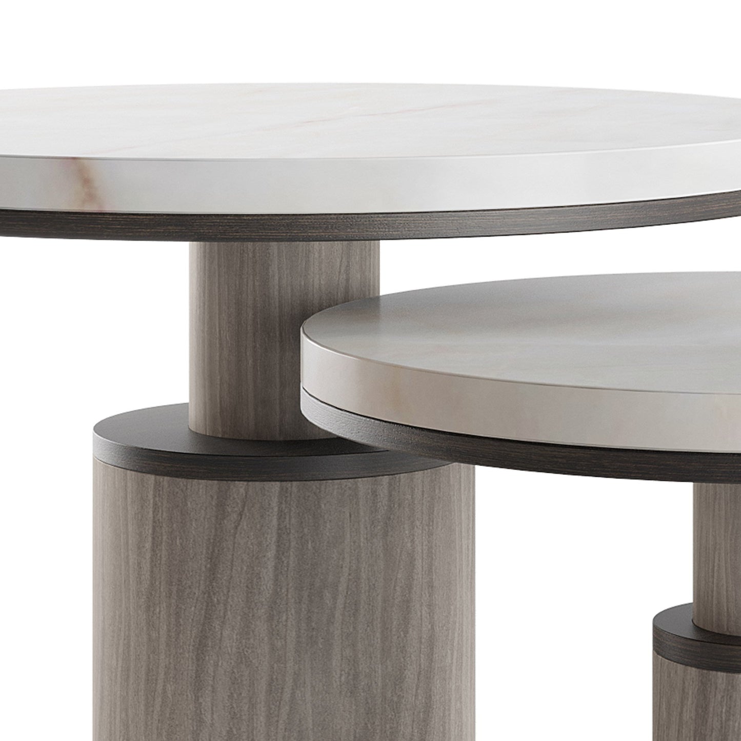 close up of the two luxury Brutalist side table tops showing the polished stone and wood detailing