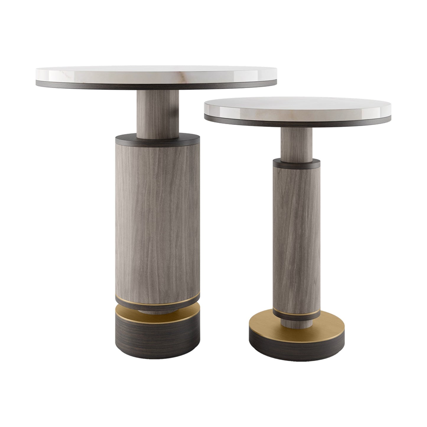 Two luxury Brutalist side tables presented in polished stone and brushed brass with wood details