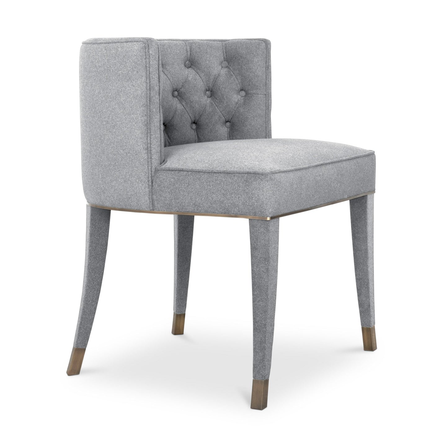 side view of the rich grey cotton velvet dining chair with a button-tufted inner back, upholstered legs, and aged brass detailing.