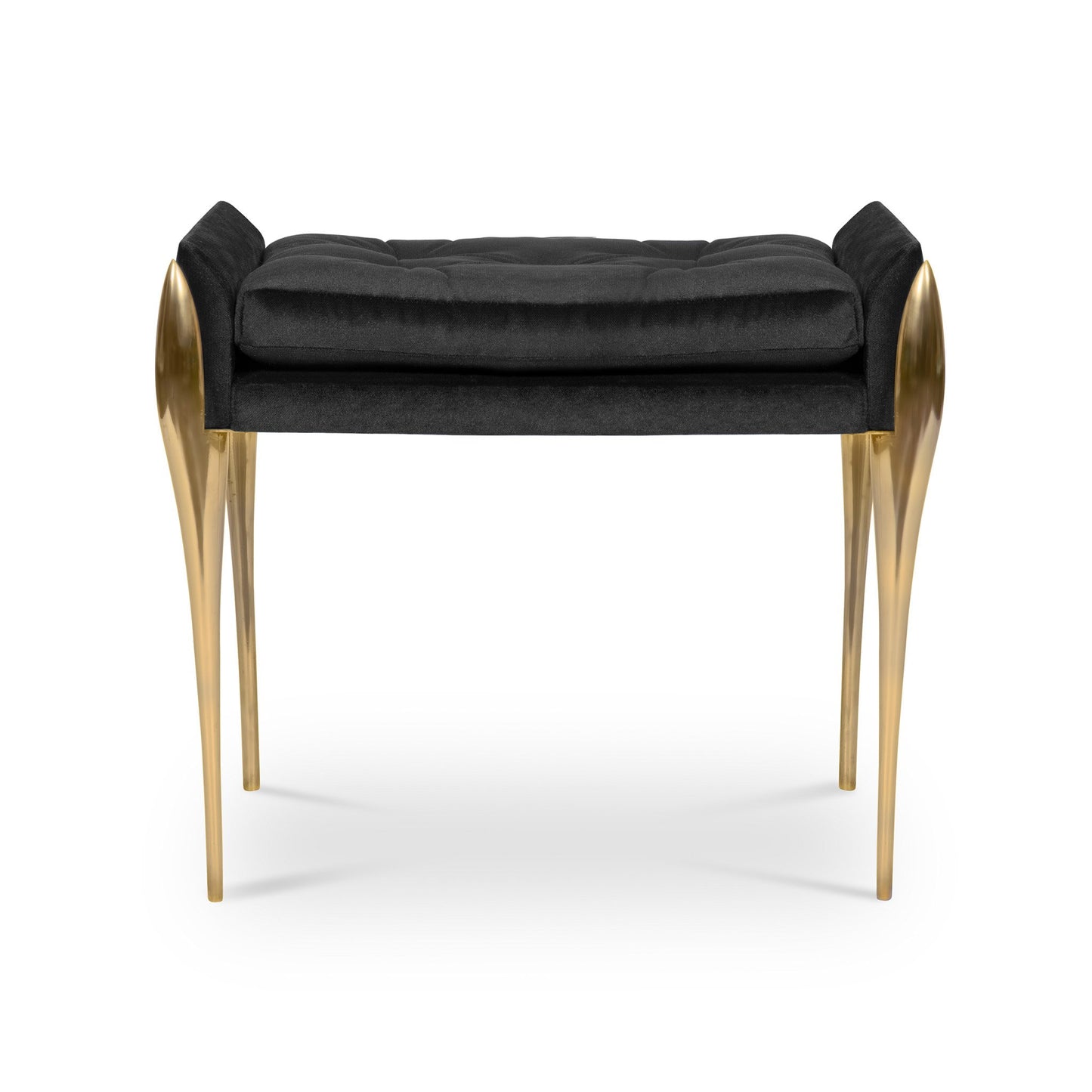 Button tufted dressing table stool with stiletto type brass legs