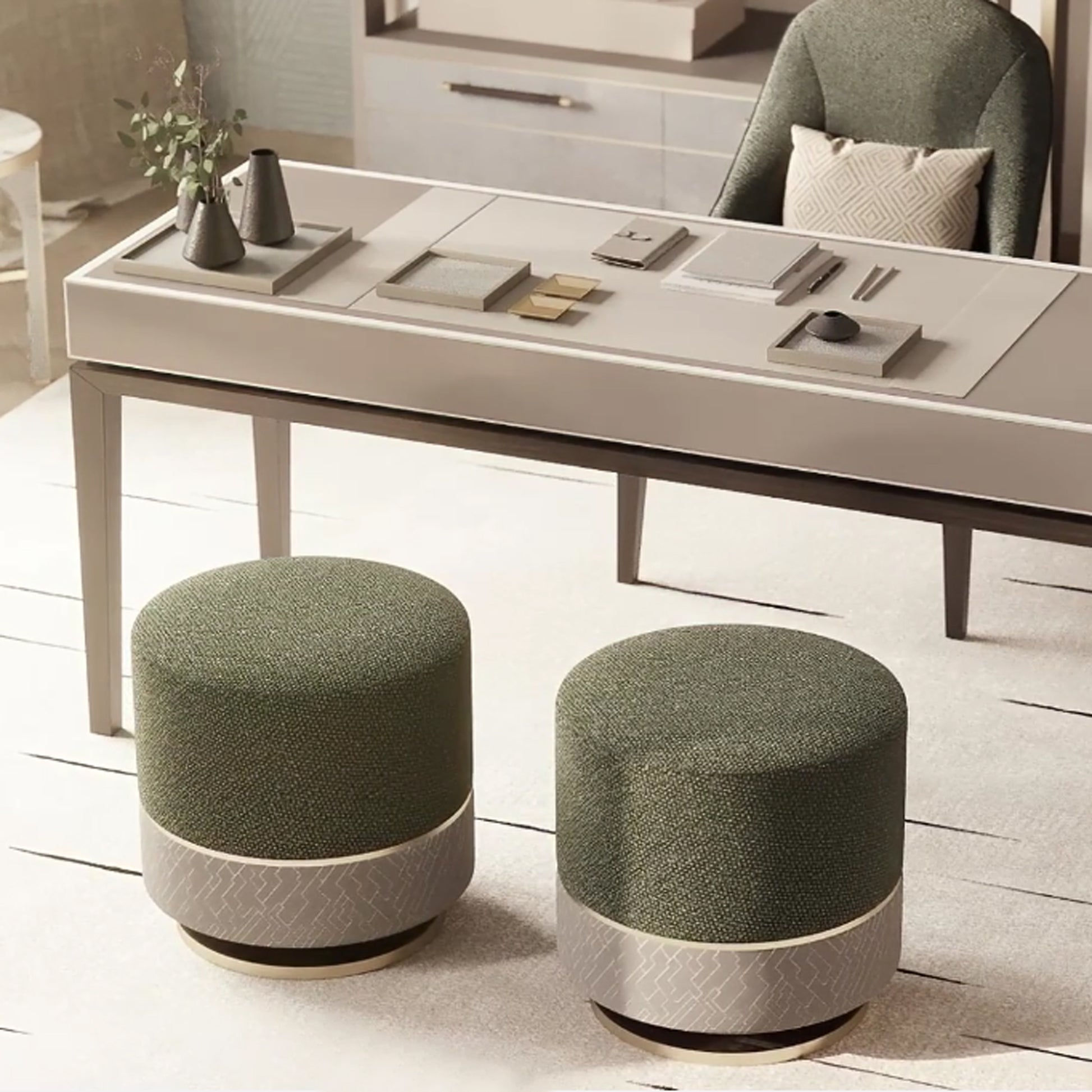 lifestyle shot showing the rectangular lacquered desk being used in a luxury office space