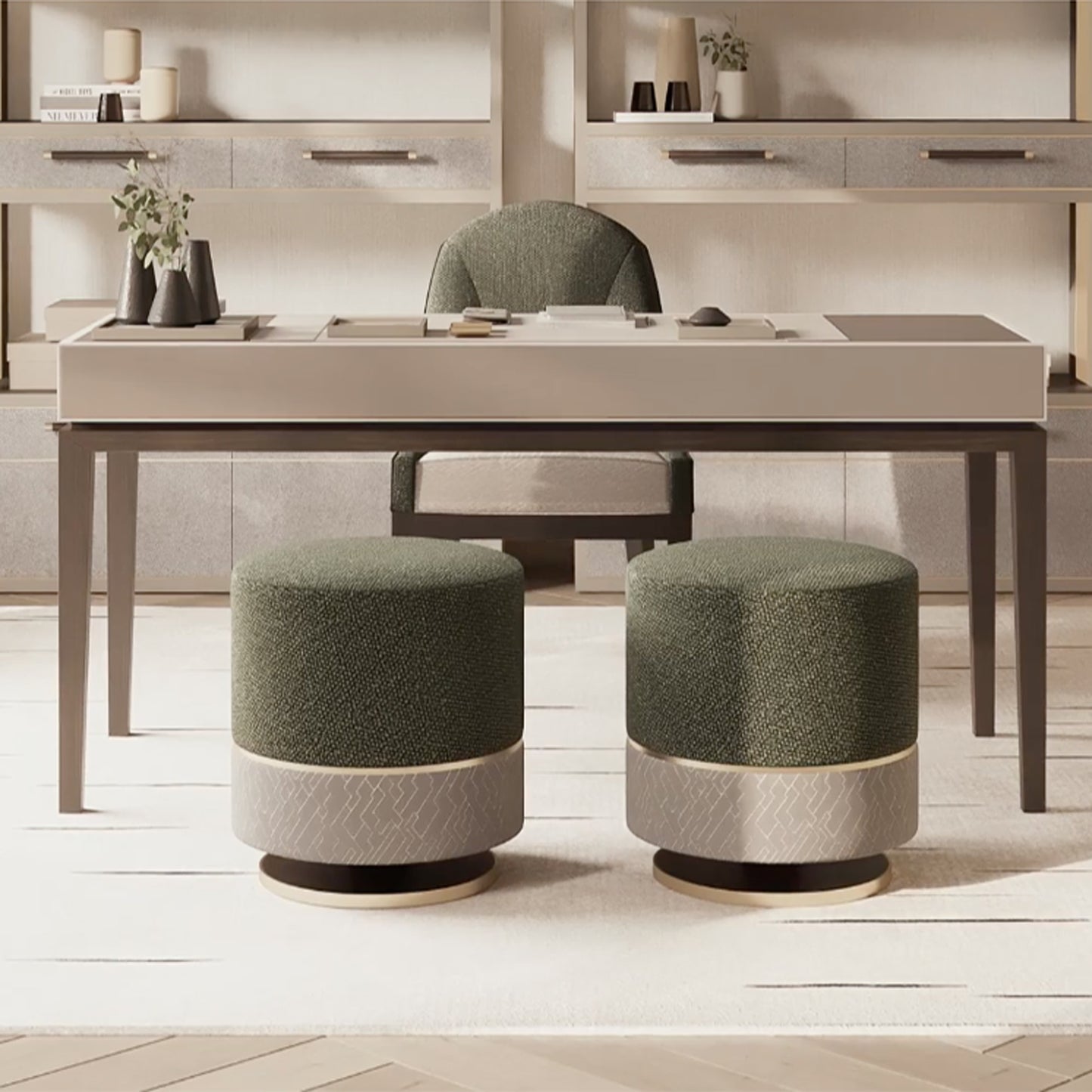 lifestyle shot showing the rectangular lacquered desk being used in a luxury office space