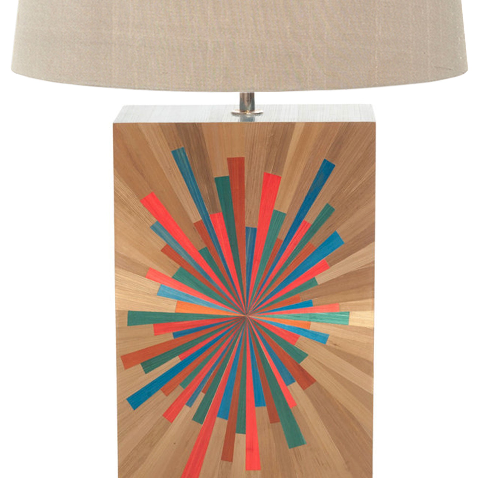 close up of the straw marquetry lamp base  in a minimal rectangular block design showing the brightly coloured straws at the centre